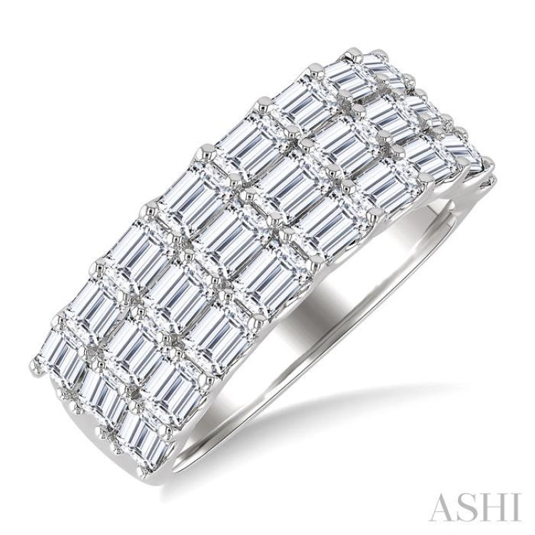 3 Ctw Triple Row Emerald Cut Diamond Fashion Wide Band in 14K White Gold