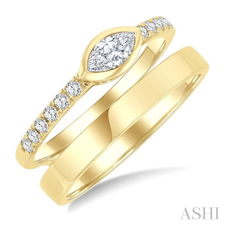 1/2 Ctw Split Twin Band Marquise and Round Cut Diamond Fashion Ring in 14K Yellow Gold