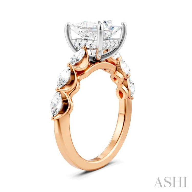 3/4 Ctw Princess Shape Marquise and Round Cut Diamond Semi-Mount Engagement Ring in 14K Rose and White Gold