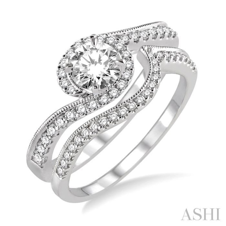 5/8 Ctw Diamond Wedding Set with 1/2 Ctw Round Cut Engagement Ring and 1/6 Ctw Wedding Band in 14K White Gold