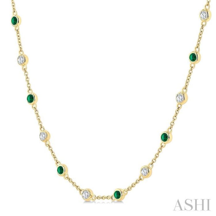 2.40 MM Round Shape Emerald and 7/8 Ctw Round Cut Diamond Precious Station Necklace in 14K Yellow Gold