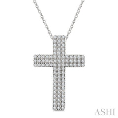 1/4 Ctw Roman Cross Triple Row Round Cut Diamond Fashion Pendant With Chain in 10K White Gold