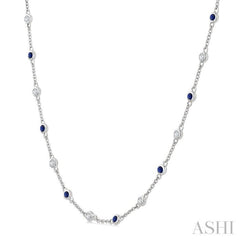 1.90MM Sapphire and 1/2 Ctw Round Cut Diamond Precious Station Necklace in 14K White Gold