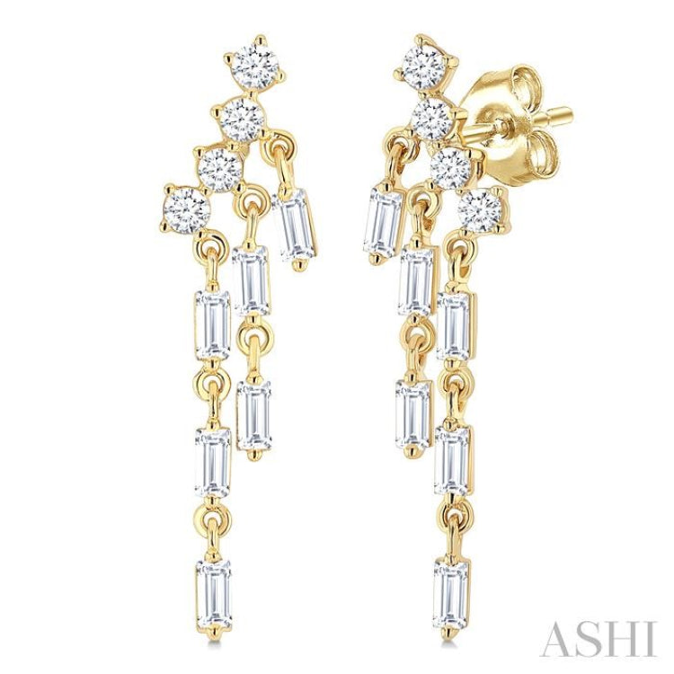 3/4 Ctw Mini Chandelier Baguette and Round Cut Diamond Fashion Long Earring in 14K Yellow Gold