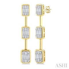 7/8 Ctw Fusion Baguette and Round Cut Diamond Bar Link Fashion earrings in 14K Yellow and White Gold