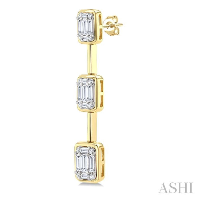 7/8 Ctw Fusion Baguette and Round Cut Diamond Bar Link Fashion earrings in 14K Yellow and White Gold