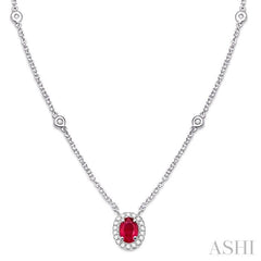 6x4 MM Oval Cut Ruby and 1/6 Ctw Round Cut Diamond Necklace in 14K White Gold