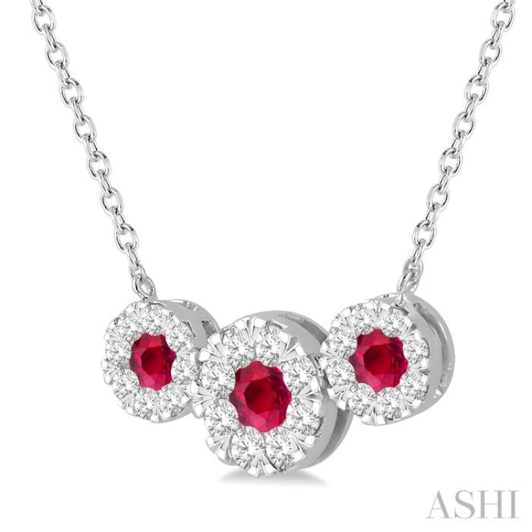 3.80 MM & 3 MM Round Shape Ruby and 5/8 Ctw Round Cut Diamond Past Present & Future Precious Lovebright Necklace in 14K White Gold