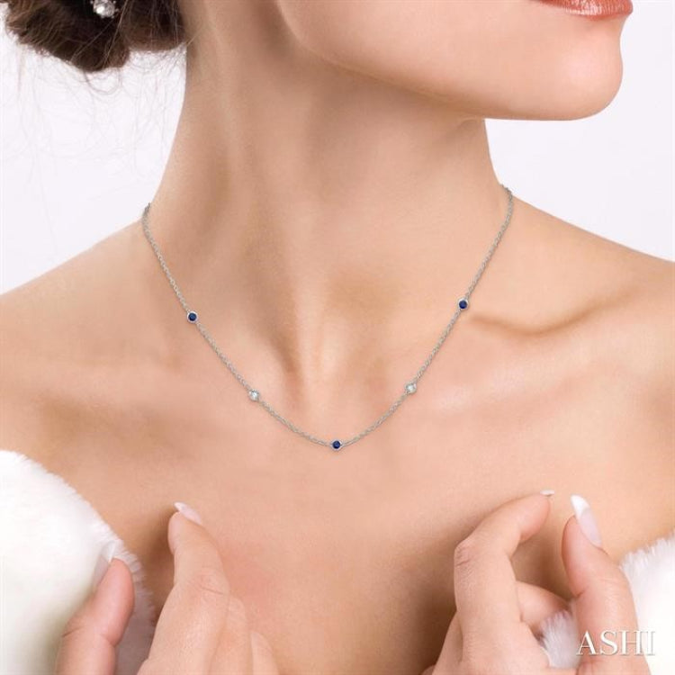 1.75 MM Sapphire and 1/6 Ctw Round Cut Diamond Precious Station Necklace in 14K White Gold
