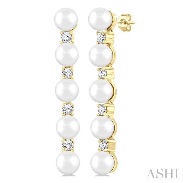 4MM Cultured Pearl and 1/4 Ctw Round Cut Diamond Fashion Earrings in 14K Yellow Gold