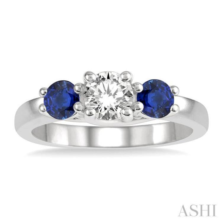 3.90 MM Round Shape Sapphire and 1/2 Ctw Past, Present and Future Round Cut Diamond Precious Ring in 14K White Gold