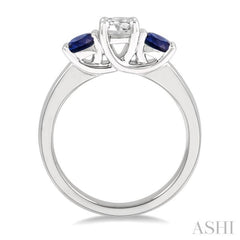 3.90 MM Round Shape Sapphire and 1/2 Ctw Past, Present and Future Round Cut Diamond Precious Ring in 14K White Gold