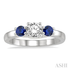 3.50 MM Round Shape Sapphire and 3/8 Ctw Past, Present and Future Round Cut Diamond Precious Ring in 14K White Gold