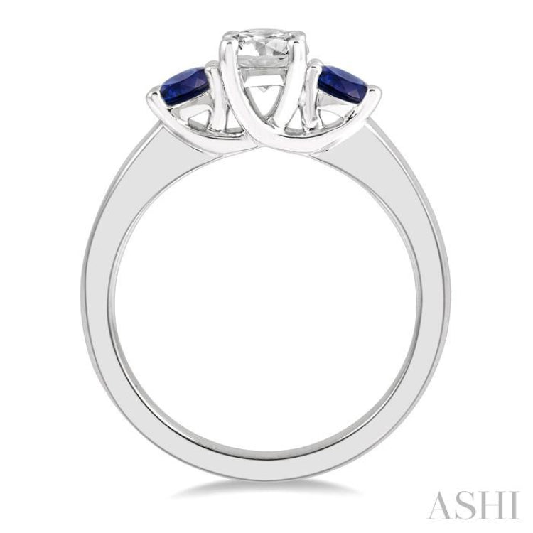 3.50 MM Round Shape Sapphire and 3/8 Ctw Past, Present and Future Round Cut Diamond Precious Ring in 14K White Gold