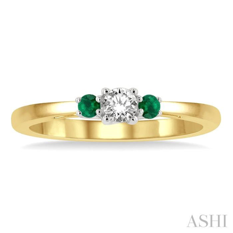 2.15 MM Round Shape Emerald and 1/6 Ctw Past, Present and Future Round Cut Diamond Precious Ring in 14K Yellow and White Gold