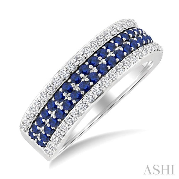 3/8 Ctw Twin Row 1.50MM Round Cut Sapphire and Round Cut Diamond Border Precious Fashion Band in 14K White Gold