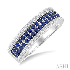 3/8 Ctw Twin Row 1.50MM Round Cut Sapphire and Round Cut Diamond Border Precious Fashion Band in 14K White Gold
