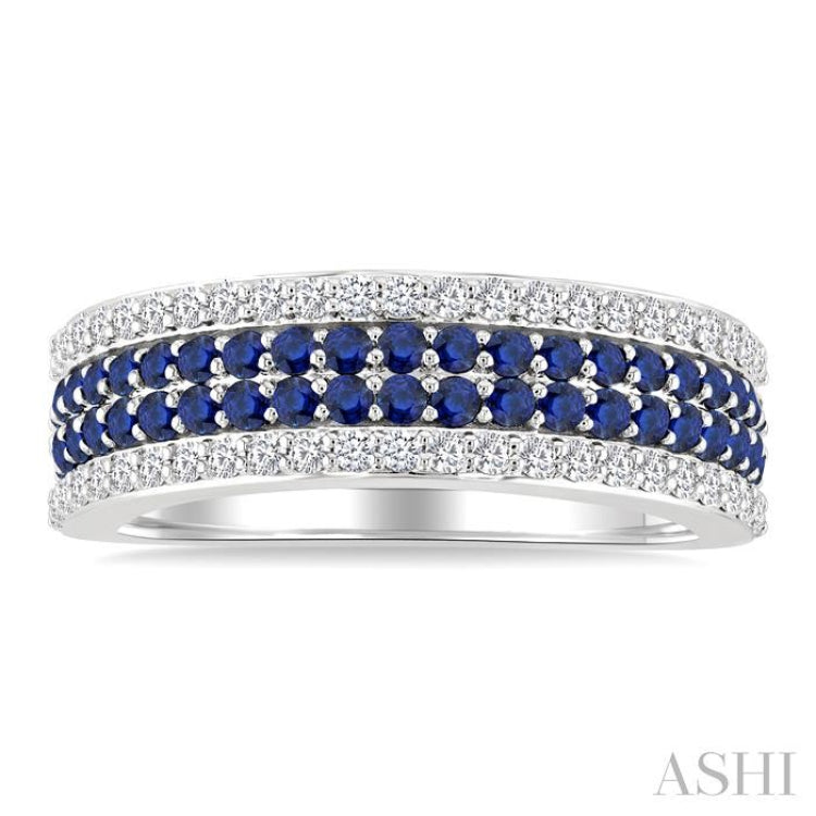 3/8 Ctw Twin Row 1.50MM Round Cut Sapphire and Round Cut Diamond Border Precious Fashion Band in 14K White Gold