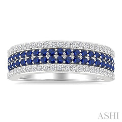 3/8 Ctw Twin Row 1.50MM Round Cut Sapphire and Round Cut Diamond Border Precious Fashion Band in 14K White Gold