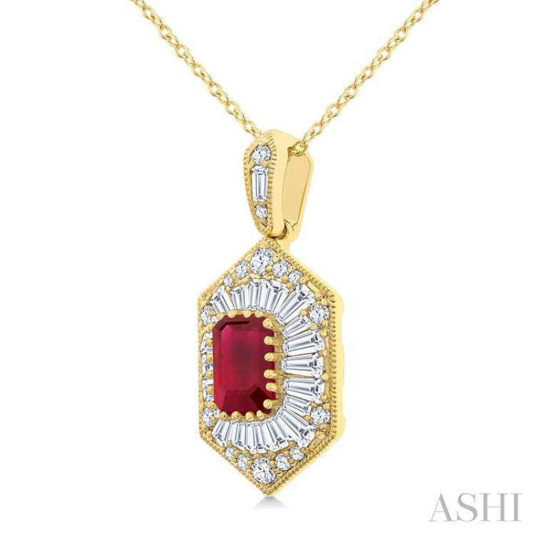 1/2 Ctw Art Deco Hexagon 6X4MM Octagon Shape Ruby, Baguette and Round Cut Diamond Precious Pendant With Chain in 14K Yellow Gold