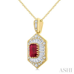 1/2 Ctw Art Deco Hexagon 6X4MM Octagon Shape Ruby, Baguette and Round Cut Diamond Precious Pendant With Chain in 14K Yellow Gold