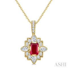 5/8 Ctw Art Deco 6X4MM Octagon Shape Ruby and Mixed Cut Diamond Precious Pendant With Chain in 14K Yellow Gold
