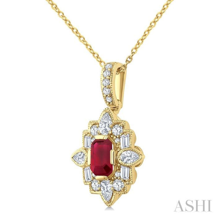 5/8 Ctw Art Deco 6X4MM Octagon Shape Ruby and Mixed Cut Diamond Precious Pendant With Chain in 14K Yellow Gold