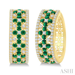 3/4 Ctw Floral Panel 1.80MM Round Cut Emerald and Round Cut Diamond Precious Hoop Earring in 14K Yellow Gold