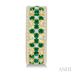 3/4 Ctw Floral Panel 1.80MM Round Cut Emerald and Round Cut Diamond Precious Hoop Earring in 14K Yellow Gold