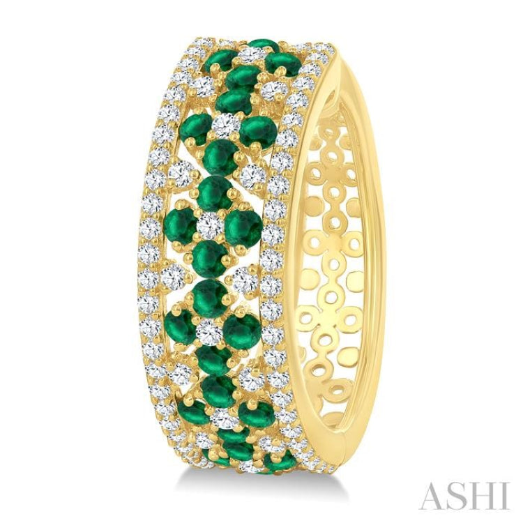 3/4 Ctw Floral Panel 1.80MM Round Cut Emerald and Round Cut Diamond Precious Hoop Earring in 14K Yellow Gold