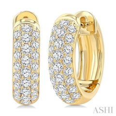 1 Ctw Three-Row Pave Set Round Cut Diamond Fashion Huggies in 14K Yellow Gold