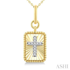 1/20 Ctw Latin Cross Round Cut Diamond Rectangular Fluted Medallion Fashion Pendant With Chain in 10K Yellow and White Gold