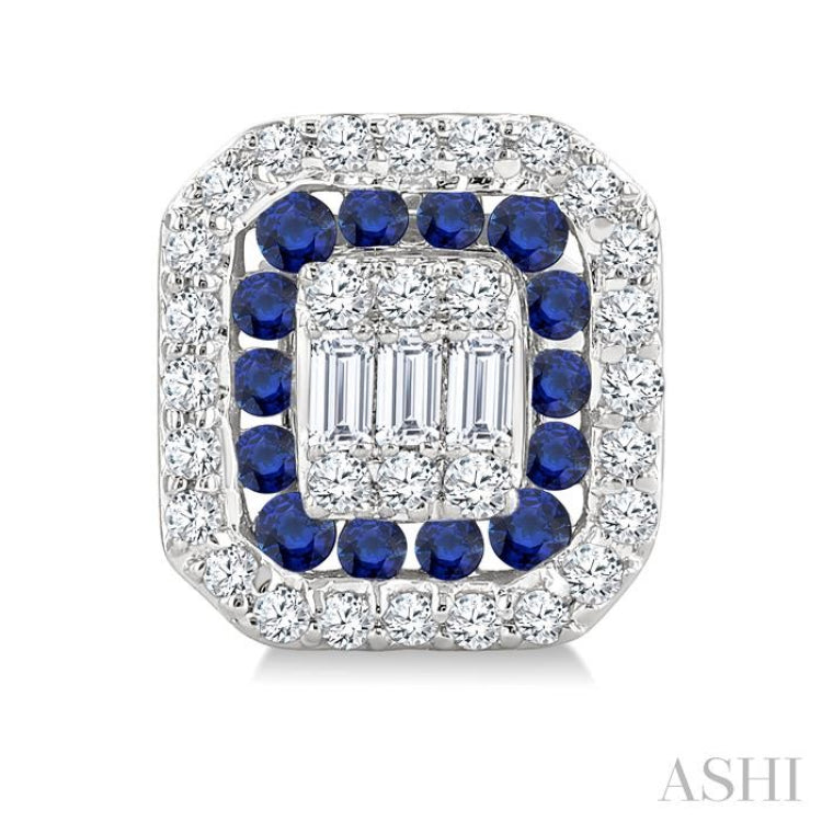 1/3 Ctw Octagonal Shape 1.25MM Round Cut Sapphire, Baguette and Round Cut Diamond Fusion Precious Stud Earring in 14K White Gold