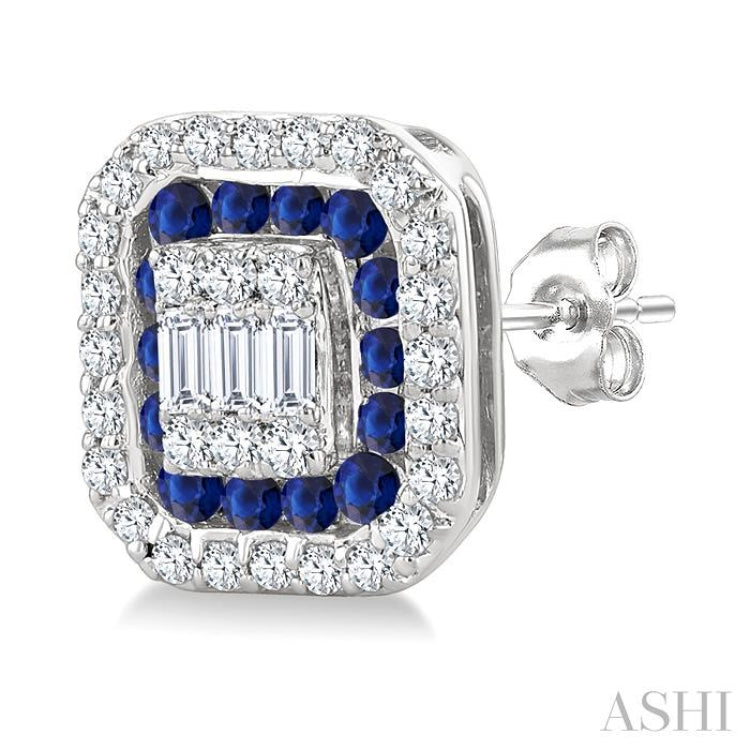 1/3 Ctw Octagonal Shape 1.25MM Round Cut Sapphire, Baguette and Round Cut Diamond Fusion Precious Stud Earring in 14K White Gold