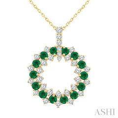 2.5 MM Round Shape Emerald and 3/4 Ctw Round Cut Diamond Triple Row Circle Precious Pendant With Chain in 14K Yellow Gold
