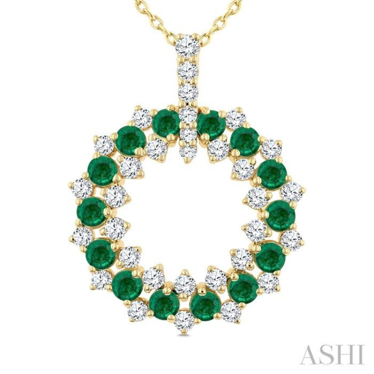 2.5 MM Round Shape Emerald and 3/4 Ctw Round Cut Diamond Triple Row Circle Precious Pendant With Chain in 14K Yellow Gold