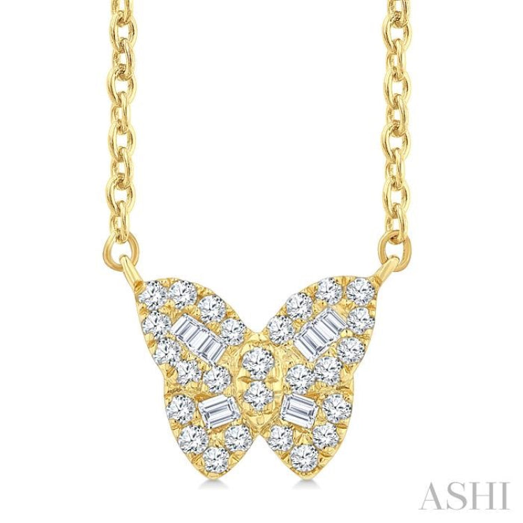 1/5 Ctw Petite Butterfly Baguette and Round Cut Diamond Fashion Pendant With Chain in 10K Yellow Gold