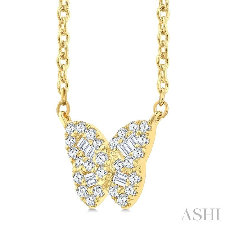 1/5 Ctw Petite Butterfly Baguette and Round Cut Diamond Fashion Pendant With Chain in 10K Yellow Gold