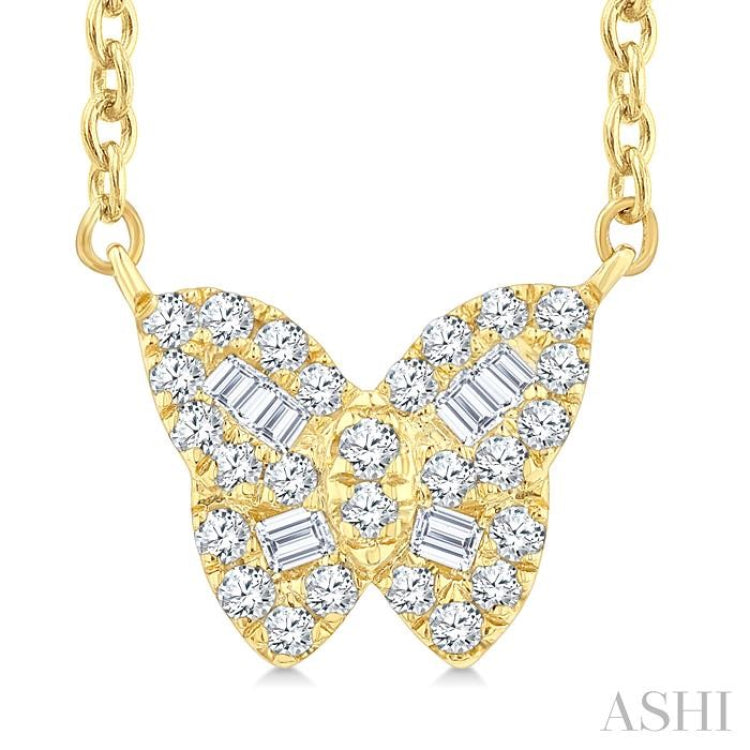1/5 Ctw Petite Butterfly Baguette and Round Cut Diamond Fashion Pendant With Chain in 10K Yellow Gold