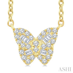 1/5 Ctw Petite Butterfly Baguette and Round Cut Diamond Fashion Pendant With Chain in 10K Yellow Gold