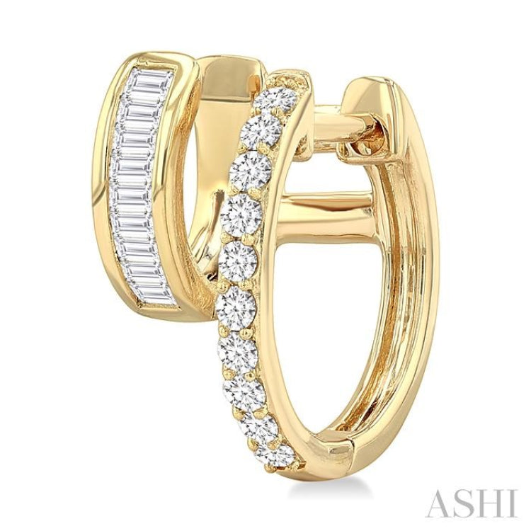 1/2 Ctw Petite Double Hoop Baguette and Round Cut Diamond Fashion Huggies in 14K Yellow Gold