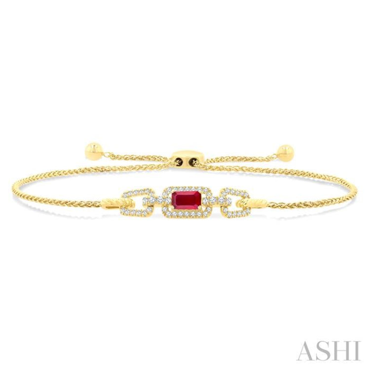 1/4 Ctw 5X3MM Octagon Shape Ruby and Round Cut Diamond Precious Rectangular Open Link Lariat Bracelet in 14K Yellow Gold