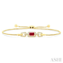 1/4 Ctw 5X3MM Octagon Shape Ruby and Round Cut Diamond Precious Rectangular Open Link Lariat Bracelet in 14K Yellow Gold