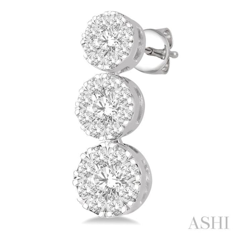 1 Ctw Hanging Triple Mount Lovebright Round Cut Diamond Earring in 14K White Gold