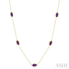 1/4 Ctw Marquise Cut 8X4MM Amethyst and Round Cut Diamond Station Necklace in 10K Yellow Gold