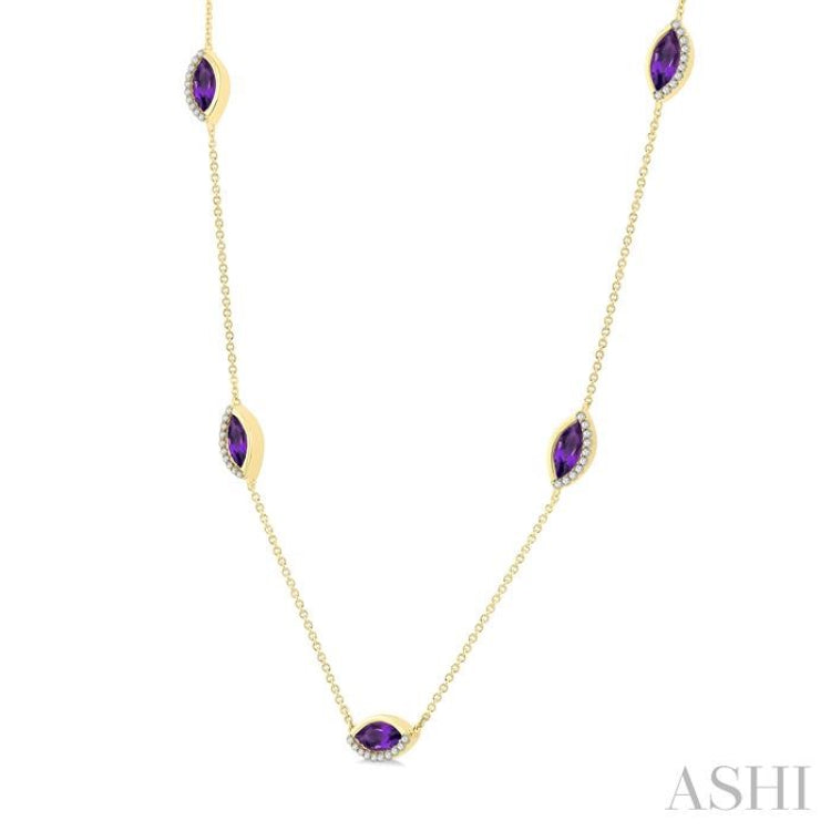 1/4 Ctw Marquise Cut 8X4MM Amethyst and Round Cut Diamond Station Necklace in 10K Yellow Gold