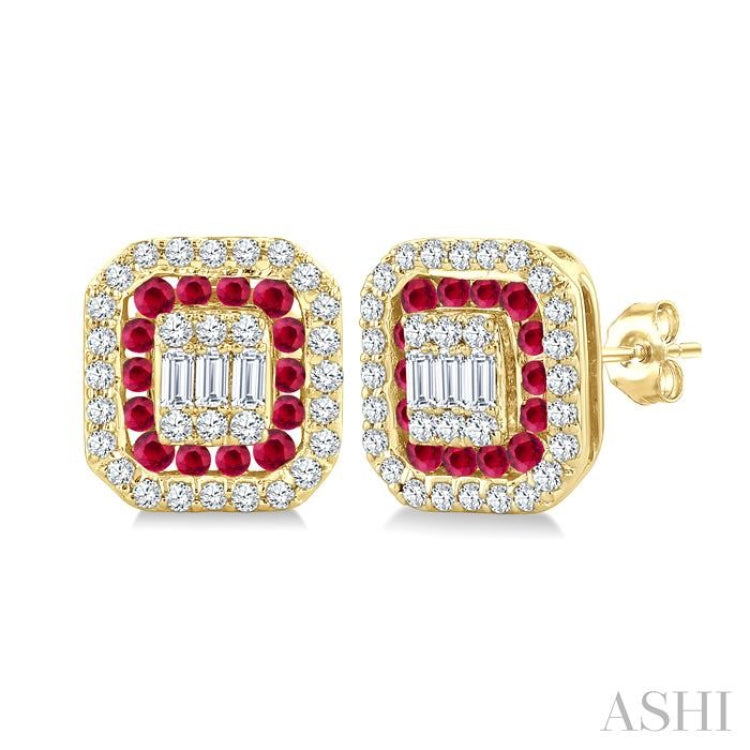 1/3 Ctw Octagonal Shape 1.25MM Round Cut Ruby, Baguette and Round Cut Diamond Fusion Precious Stud Earring in 14K Yellow Gold