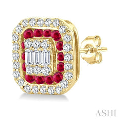 1/3 Ctw Octagonal Shape 1.25MM Round Cut Ruby, Baguette and Round Cut Diamond Fusion Precious Stud Earring in 14K Yellow Gold