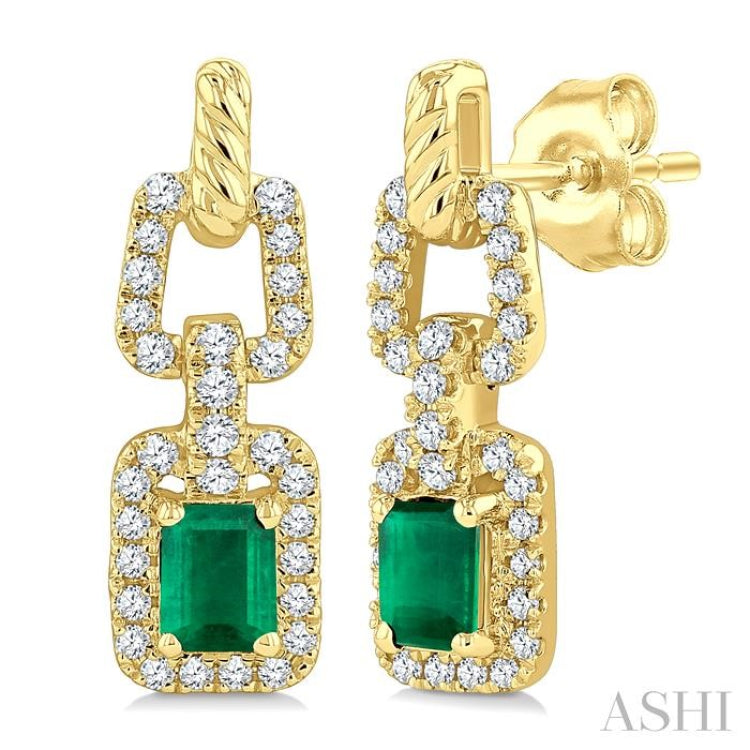 1/4 Ctw 4X3MM Octagon Shape Emerald and Round Cut Diamond Halo Precious Link Earring in 14K Yellow Gold