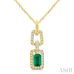 1/6 Ctw 5X3MM Octagon Shape Emerald and Round Cut Diamond Halo Precious Link Pendant With Chain in 14K Yellow Gold